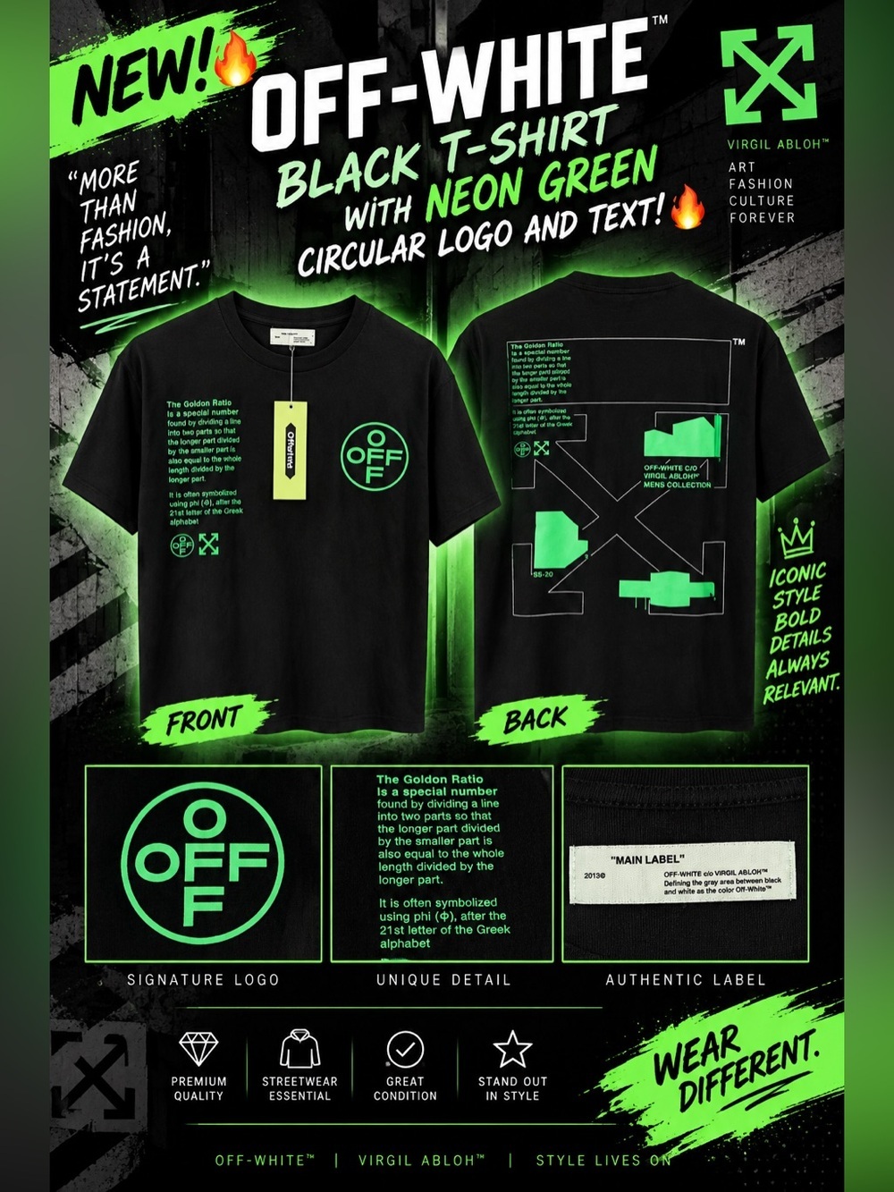 Off-White Black T-Shirt with Neon Green Circular Logo and Text!🔥New! Size: XL